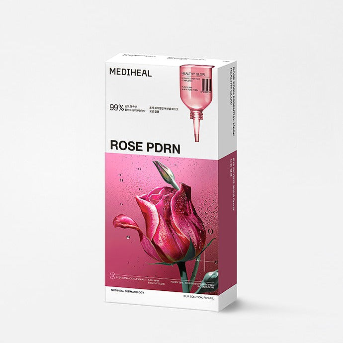 MEDIHEAL N.1 Essential Masks x 10 : boîte de masque essentiel à la rose, posée sur fond blanc, packaging rose.