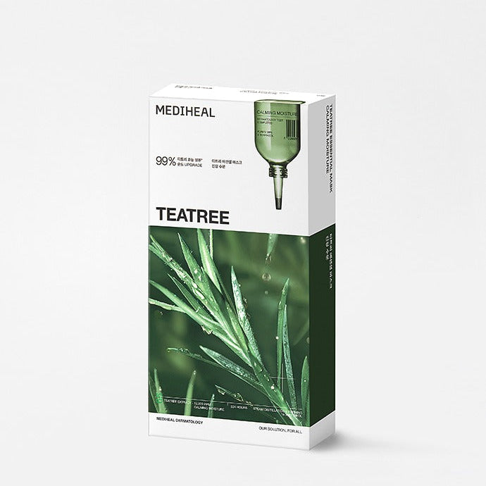 MEDIHEAL N.1 Essential Masks x 10 : boîte de masques TEATREE, emballage vert sur fond blanc, vue produit.