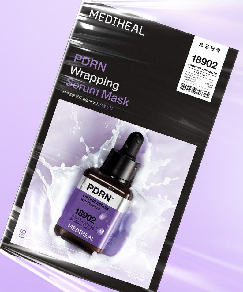 MEDIHEAL  PDRN Wrapping Serum Mask Pore Elasticity10 sheets, masque en emballage noir sur fond violet, photo produit