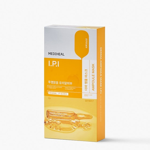 MEDIHEAL The IPI Ampoule Mask 10 sheets : boîte et sachets de masques en contexte photo studio sur fond clair.