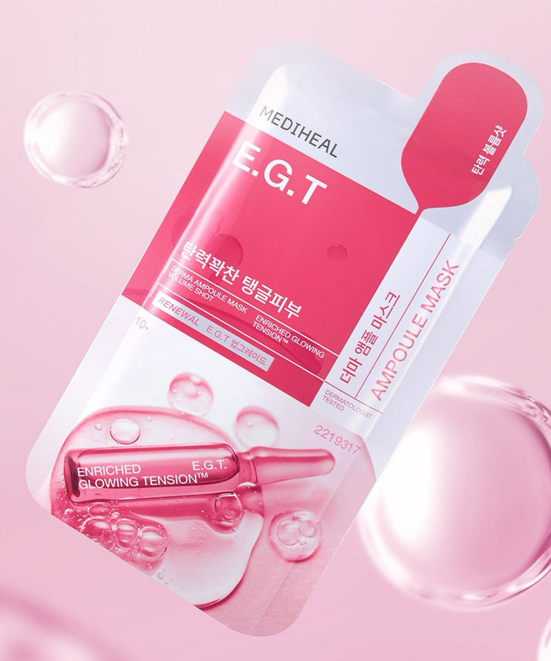 MEDIHEAL The EGT Ampoule Mask 10 sheets, image du produit avec design rose et ambiance élégante, format 10 masques.