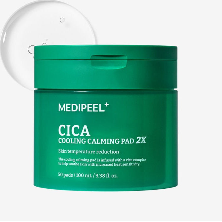 MEDIPEEL Cica Cooling Soothing Pads 2X 100ml 50 Sheets, pot vert et blanc sur fond clair, coussinées pour peau apaisée