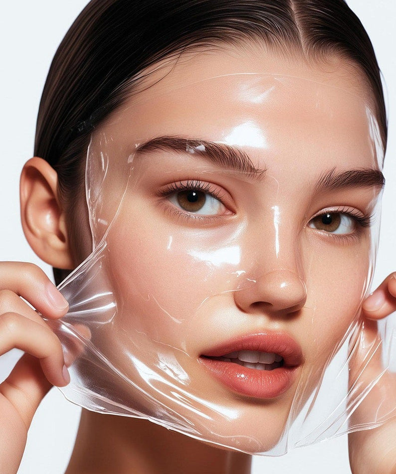 MEDIPEEL Collagen Water Glow Wrapping Mask 100ml : masque gel brillant sur visage, femme en soin spa, fond clair.