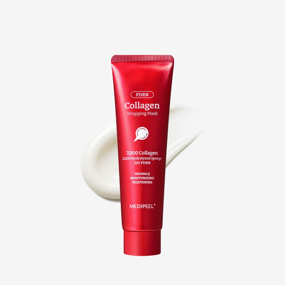MEDIPEEL Collagen Water Glow Wrapping Mask 100ml, tube rouge sur fond blanc avec crème lumineuse, soin hydratant