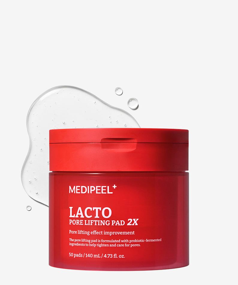 MEDIPEEL Lacto Pore Lifting Pads 2X 140ml 50 Sheets, pot rouge sur fond blanc, gouttes d’eau, anti-pores