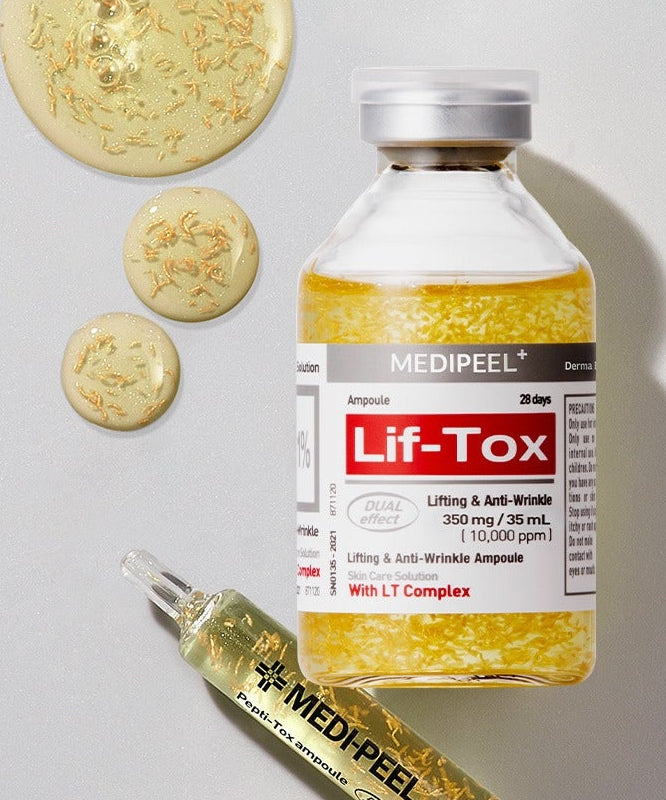 MEDIPEEL Leaf Tox Ampoule 35ml, flacon Lif-Tox sur fond clair avec ampoules et gouttes, esthétique skincare.