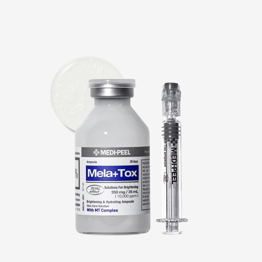 MEDIPEEL Mela Plus Tox Ampoule 35ml : flacon et ampoule sur fond clair, contexte beauté soins anti-taches