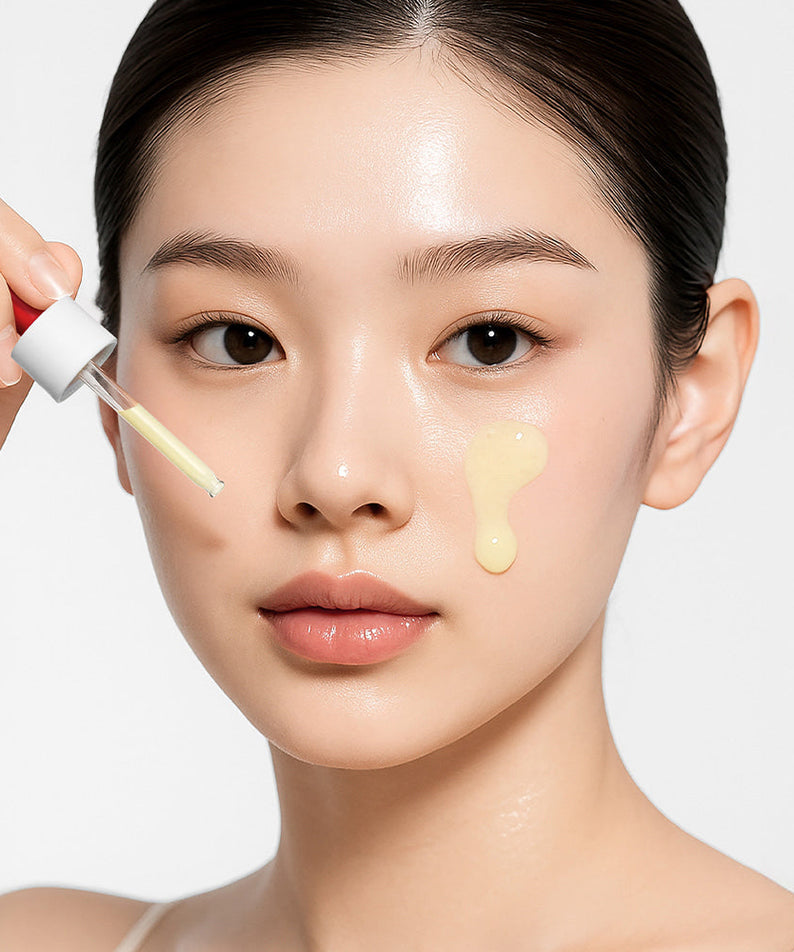 MEDIPEEL Melanon X Ampoule RX 30ml, flacon sérum appliqué sur le visage en fond clair, main avec pipette