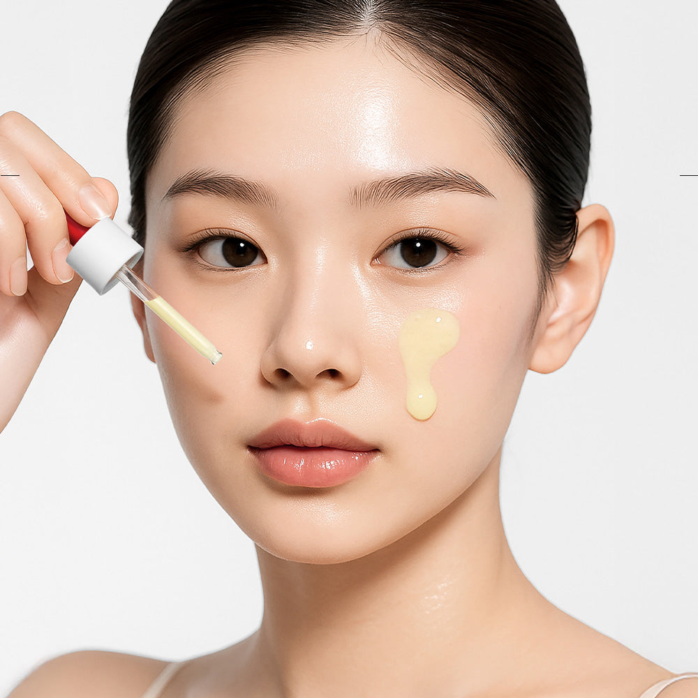 MEDIPEEL Melanon X Ampoule RX 30ml, flacon sérum appliqué sur le visage en fond clair, main avec pipette