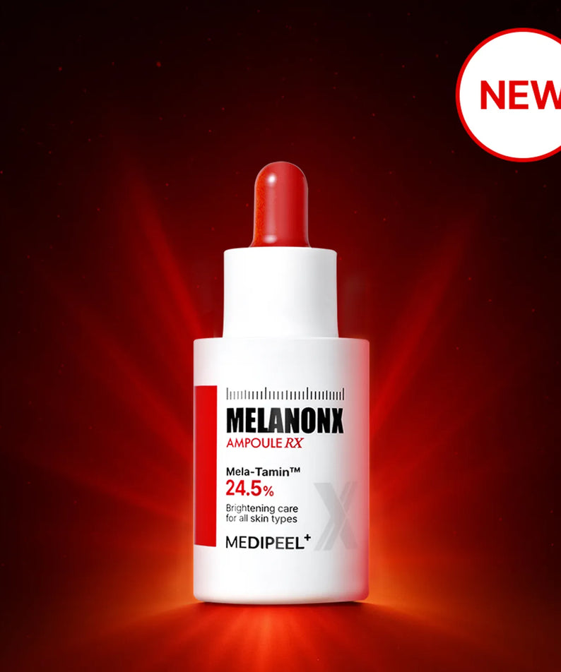MEDIPEEL Melanon X Ampoule RX 30ml : flacon ampoule sur fond rouge, marquage NEW, contexte cosmétique skincare.