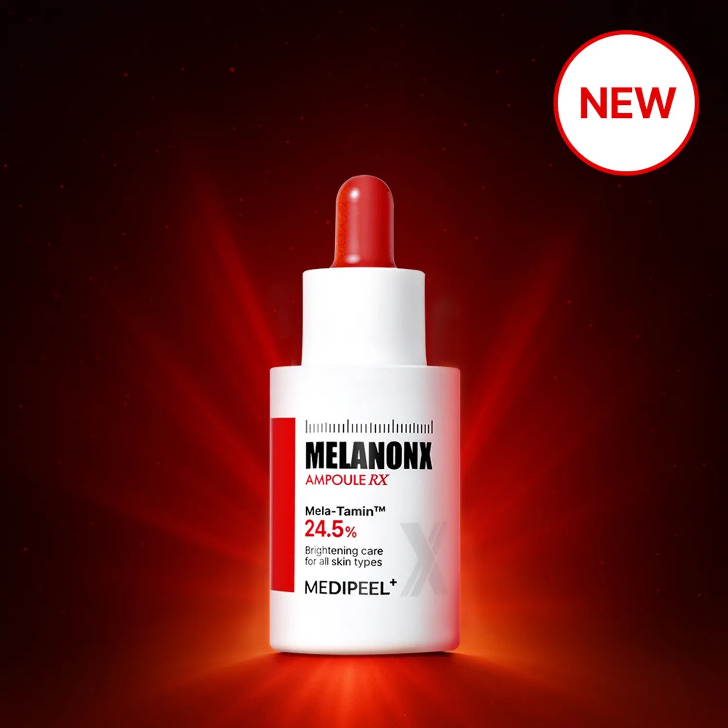 MEDIPEEL Melanon X Ampoule RX 30ml : flacon ampoule sur fond rouge, marquage NEW, contexte cosmétique skincare.