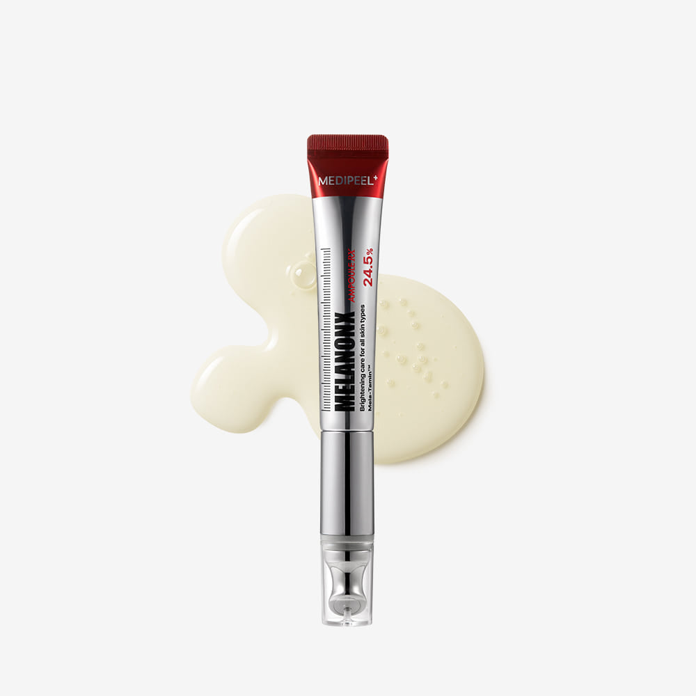 MEDIPEEL Melanon-X Bounce Shot Ampoule RX 20ml, flacon et texture crème sur fond clair, visuel produit de la marque