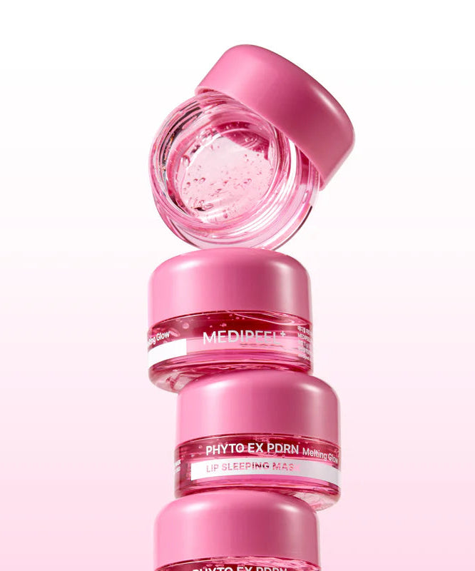 MEDIPEEL Phyto EX PDRN Melting Glow Lip Sleeping Mask 11g + Lip Brush, pot rose et texture gel sur fond clair