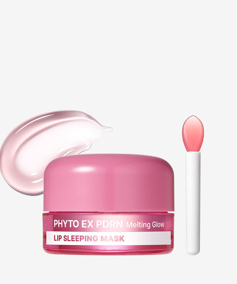MEDIPEEL Phyto EX PDRN Melting Glow Lip Sleeping Mask 11g + Lip Brush, pot rose et baume sur fond clair.