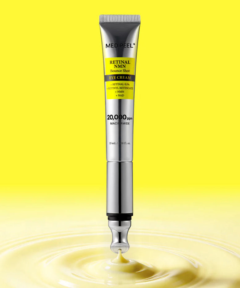 MEDIPEEL Retinal NMN Bounce Shot Eye Cream 15ml : tube sur fond jaune avec éclaboussure crème, visuel produit