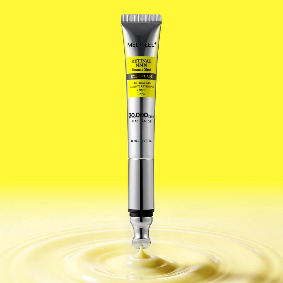 MEDIPEEL Retinal NMN Bounce Shot Eye Cream 15ml : tube sur fond jaune avec éclaboussure crème, visuel produit
