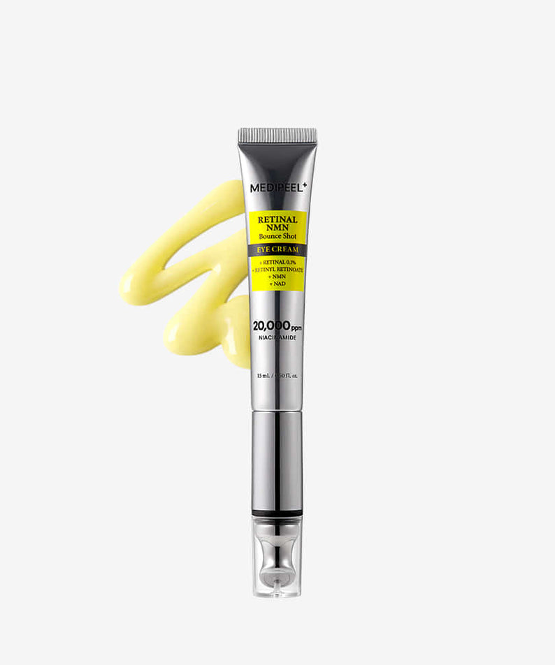 MEDIPEEL Retinal NMN Bounce Shot Eye Cream 15ml, tube avec gel crème jaune sur fond clair, produit de la marque MEDIPEEL.