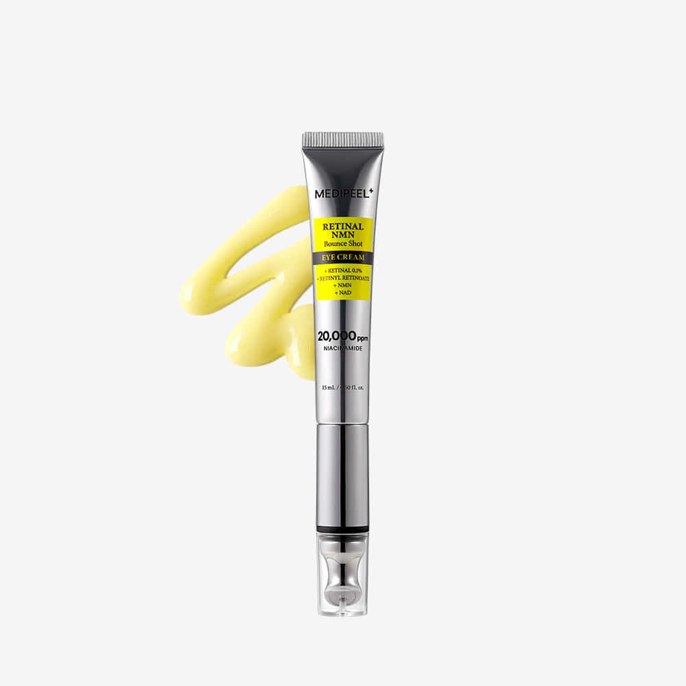 MEDIPEEL Retinal NMN Bounce Shot Eye Cream 15ml, tube avec gel crème jaune sur fond clair, produit de la marque MEDIPEEL.
