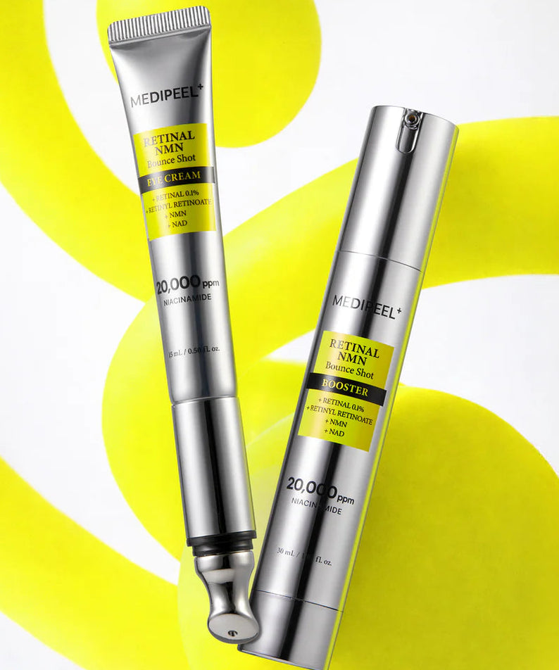 MEDIPEEL Retinal NMN Bounce Shot Eye Cream 15ml : tube de crème contour des yeux sur fond jaune, photo produit.