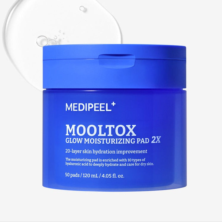 MEDIPEEL Water Tox Glow Moisturizing Pads 50 Sheets, pot bleu sur fond blanc, marque MEDIPEEL, packaging soins hydratants