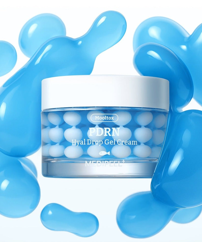 MEDIPEEL Water Tox PDRN Hyal Drop Gel Cream 50g, pot crème hydratante sur fond blanc, gel bleu illustratif.