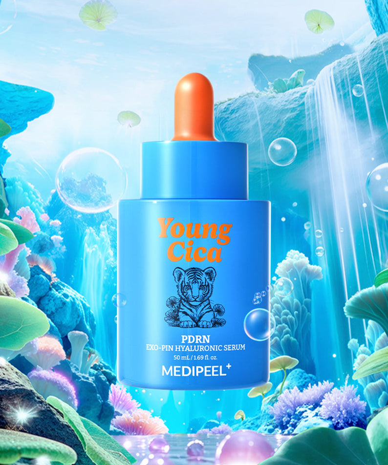 Sérum MEDIPEEL Young Cica PDRNExo-Pin Hyaluronic 50ml avec arrière-plan aquatique féerique