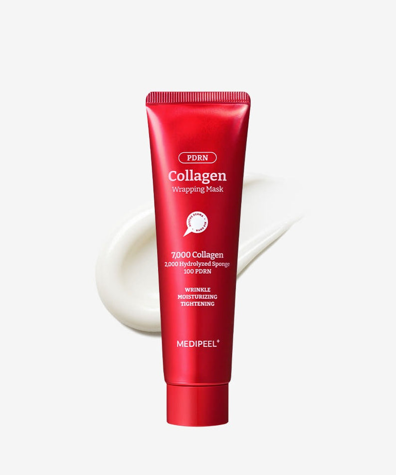 Tube de MEDIPEEL Collagen Water Glow Wrapping Mask 100ml sur fond blanc, crème visible, soin hydratant et anti-âge.