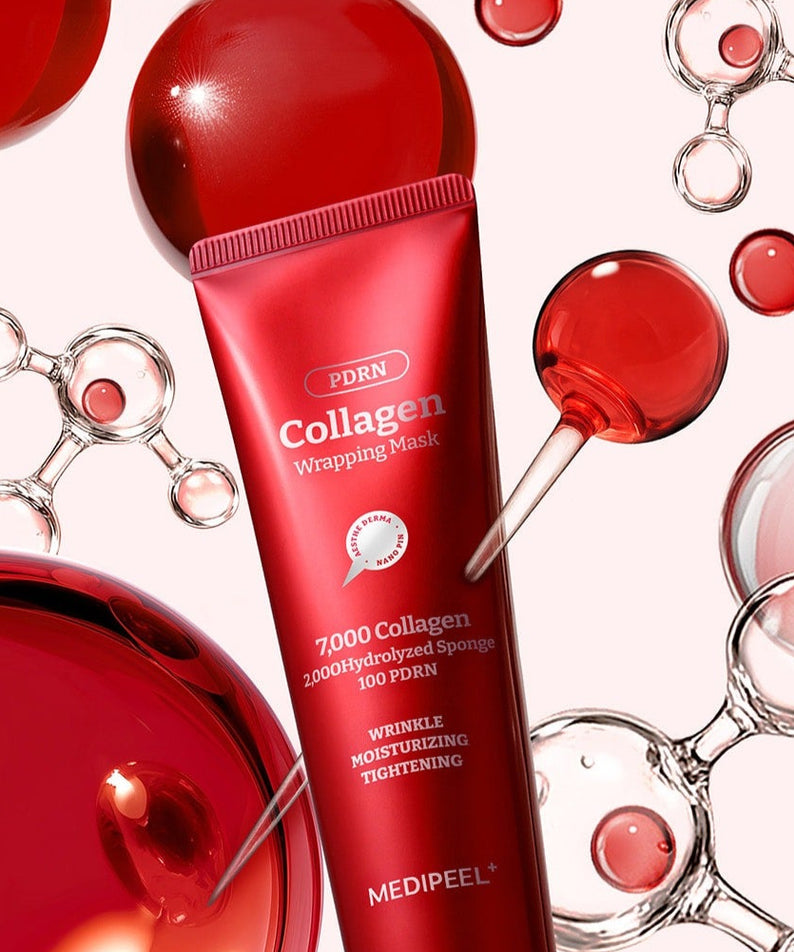 Tube de MEDIPEEL Collagen Water Glow Wrapping Mask 100ml avec bulles de soin dermique en arrière-plan.
