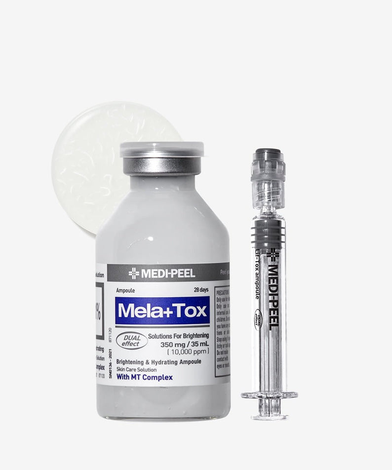 Ampoule MEDIPEEL Mela Plus Tox 35ml avec seringue, soin éclaircissant et hydratant pour la peau.