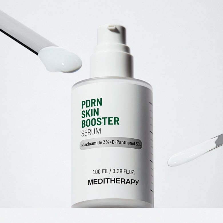MEDITHERAPY PDRN Skin Booster Serum 100ml, flacon blanc sur fond clair, texture crème blanche en goutte, marque MEDITHERAPY.