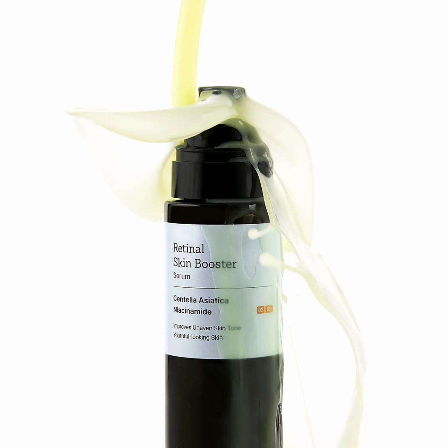 MEDITHERAPY Retinal Skin Booster Serum 150ml, flacon sur fond clair avec fluide jaune en contexte visuel beauté