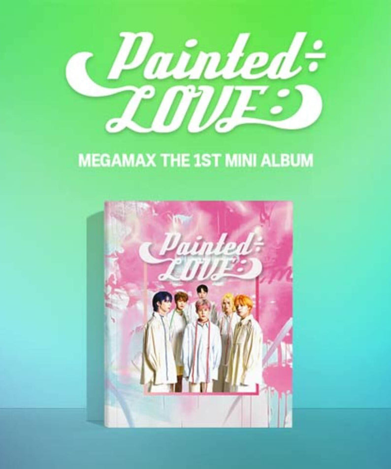 MEGAMAX - [Painted÷LOVE:)](PINK ver. ) - Album Kpop, couverture rose sur fond vert bleu, visuel promo Painted! LOVE