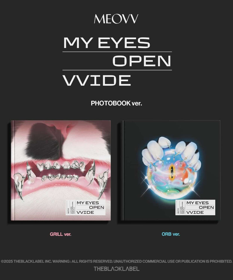 MEOVV - 1st EP ALBUM [MY EYES OPEN VVIDE] (PHOTOBOOK ver.) (Random 1 of 2) : photo de couverture Kpop, visuels art.