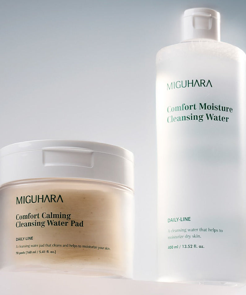Décris l'image en français en mentionnant le produit, la marque et le contexte visuel : MIGUHARA Comfort Calming Cleansing Water Pads 70 Sheets