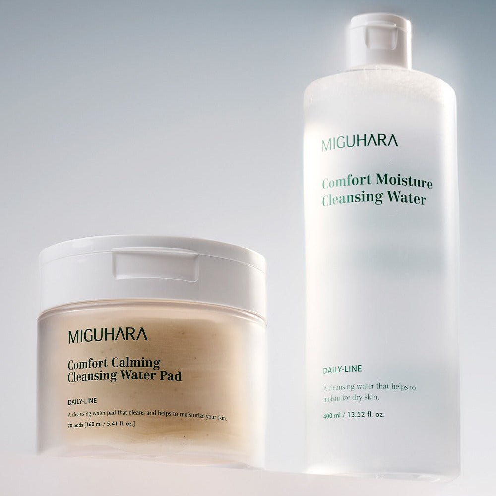 Décris l'image en français en mentionnant le produit, la marque et le contexte visuel : MIGUHARA Comfort Calming Cleansing Water Pads 70 Sheets