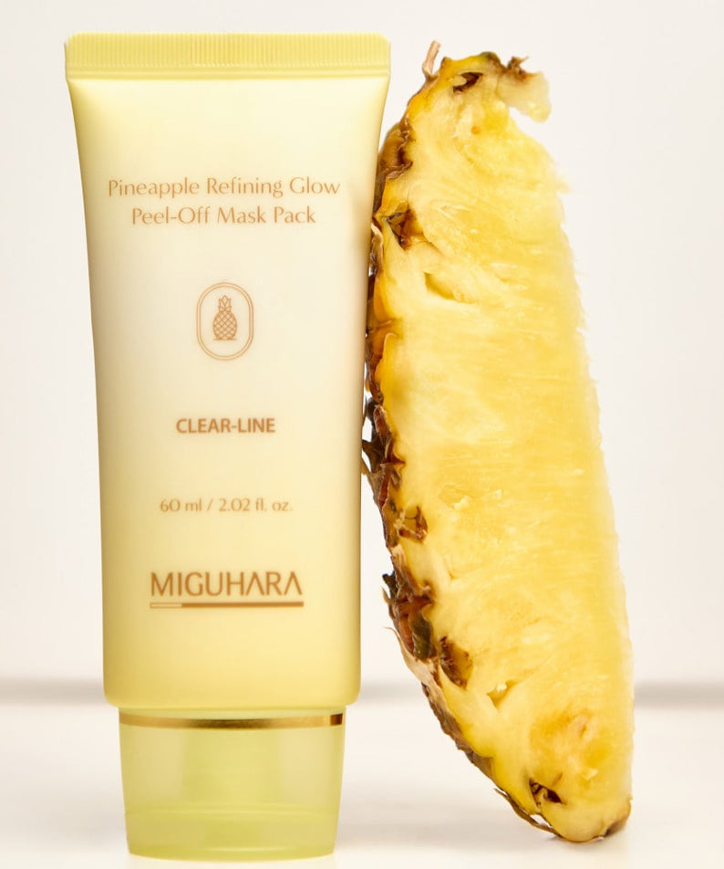 MIGUHARA Pineapple Refining Glow Peel Off Mask Pack 60ml, masque à la marque MIGUHARA sur fond clair, avec tranche d’ananas
