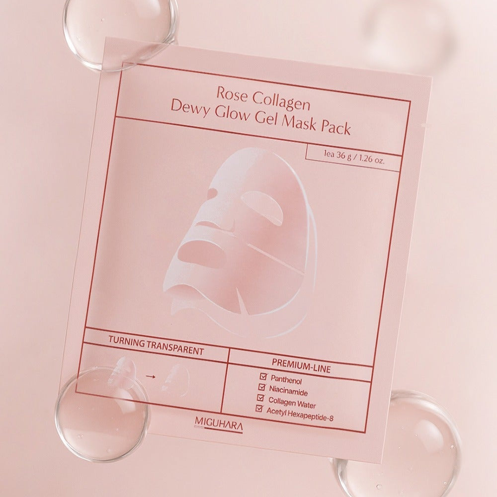 MIGUHARA Rose Collagen Dewy Glow Gel Mask Pack 5 sheets, pack rose sur fond clair, gel crème et flacons décoratifs.