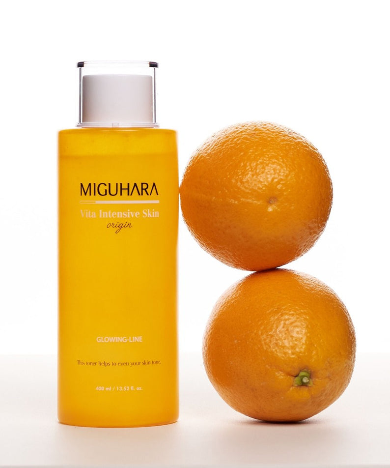 MIGUHARA Vita Intensive Skin Origin 400ml, flacon jaune sur fond blanc avec oranges, image produit marque MIGUHARA.