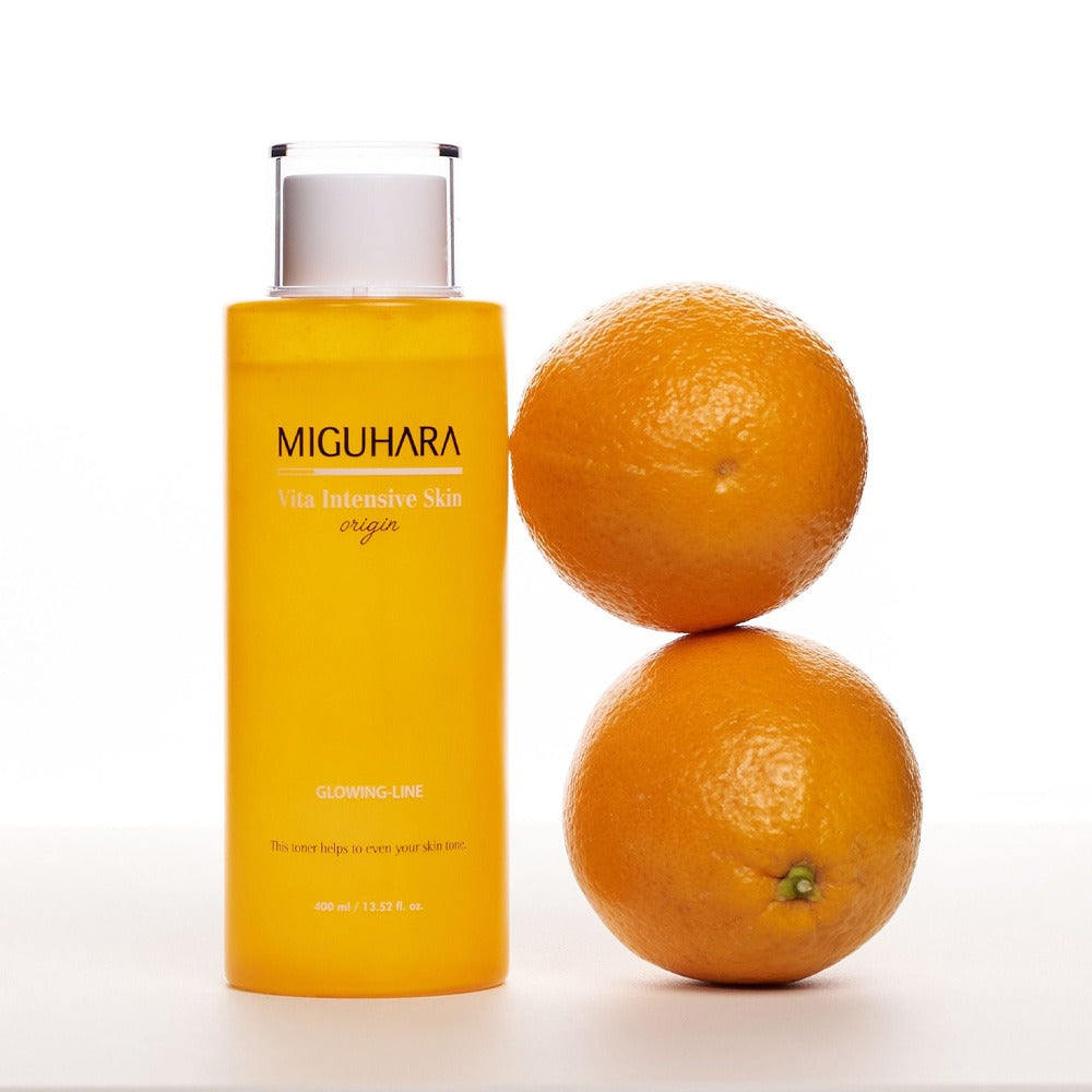 MIGUHARA Vita Intensive Skin Origin 400ml, flacon jaune sur fond blanc avec oranges, image produit marque MIGUHARA.