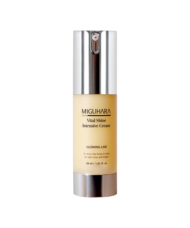MIGUHARA  Vital Shine Intensive Cream 30ml, crème visage en flacon argenté et doré, fond blanc.