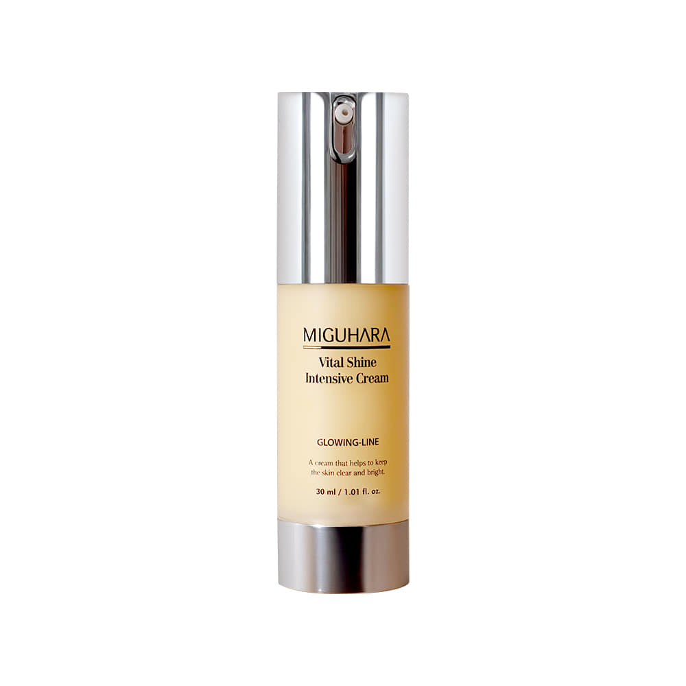MIGUHARA  Vital Shine Intensive Cream 30ml, crème visage en flacon argenté et doré, fond blanc.