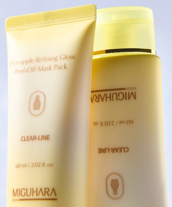 MIGUHARA Pineapple Refining Glow Peel Off Mask Pack 60ml en arrière-plan blanc. Cosmétiques soin de la peau avec ananas.