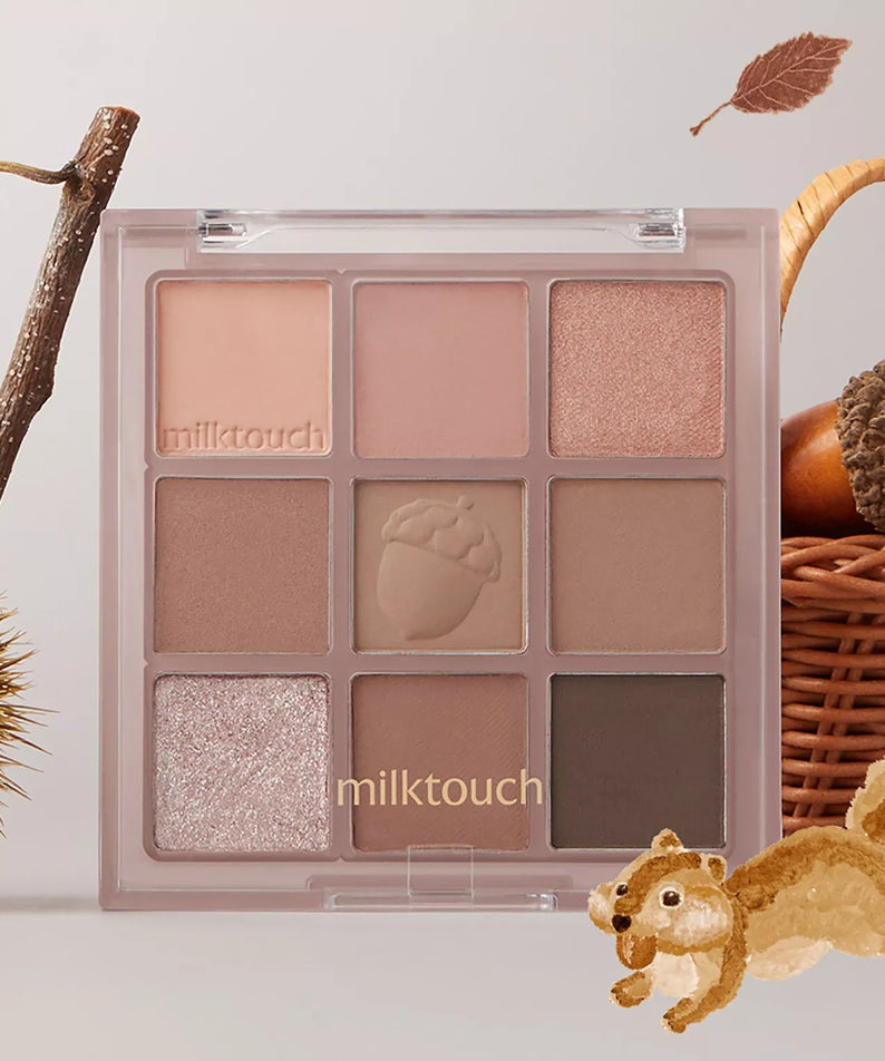 Palette MILK TOUCH Tone On Shadow avec nuances d'automne et écureuil décoratif. Maquillage doux et naturel.