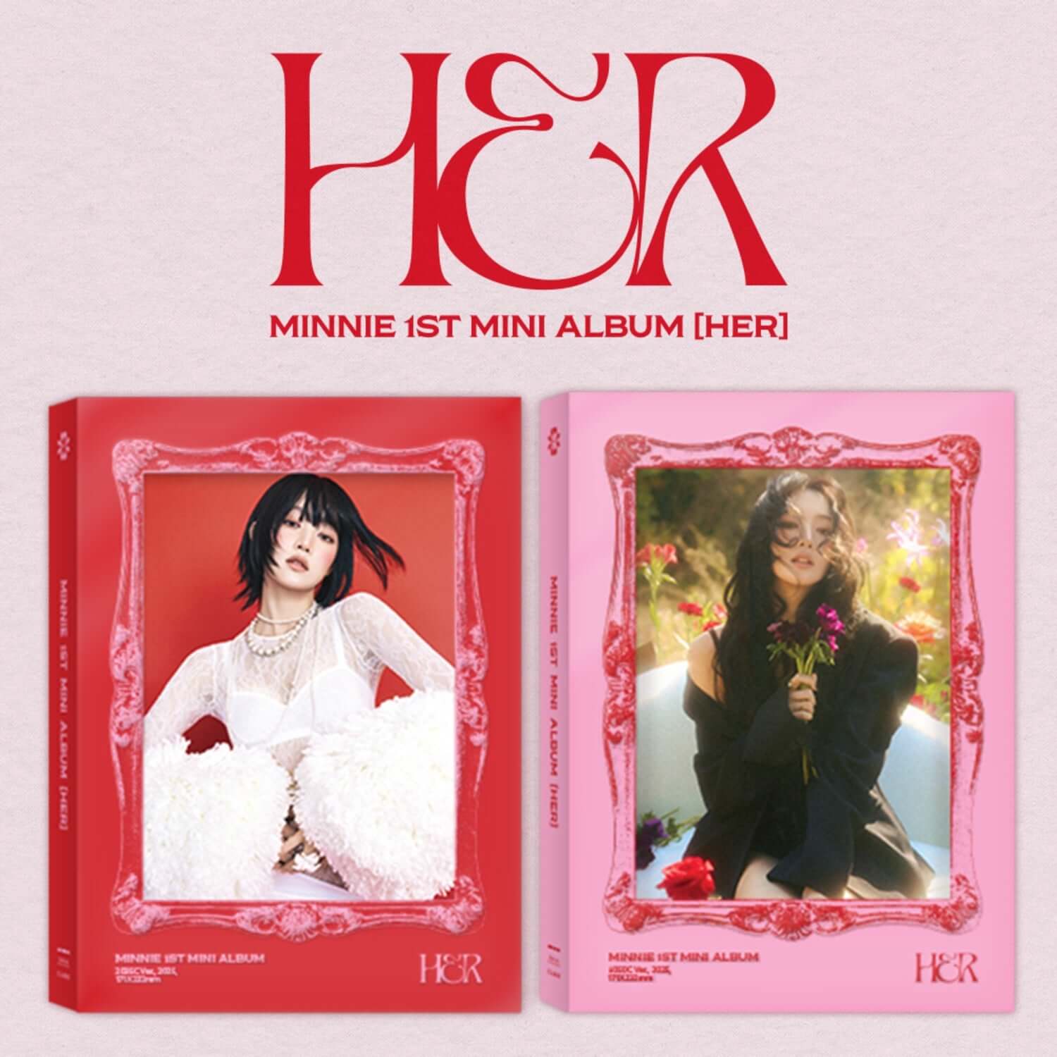 MINNIE ((G)I-DLE) - 1st Album [HER] (Random 1 of 2) - Album Kpop, visuel coffret rouge/rose avec photos de Minnie
