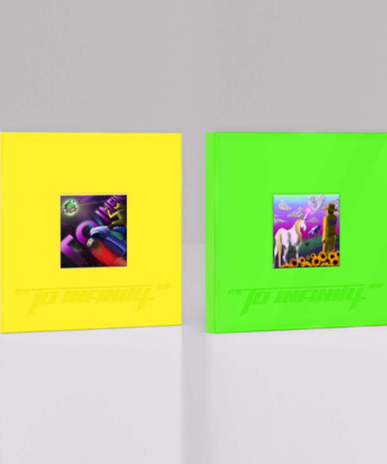 MINO - 3rd FULL ALBUM ["TO INFINITY."] (SET) - Album Kpop, coffret set complet, couleurs jaune et vert sur fond gris.