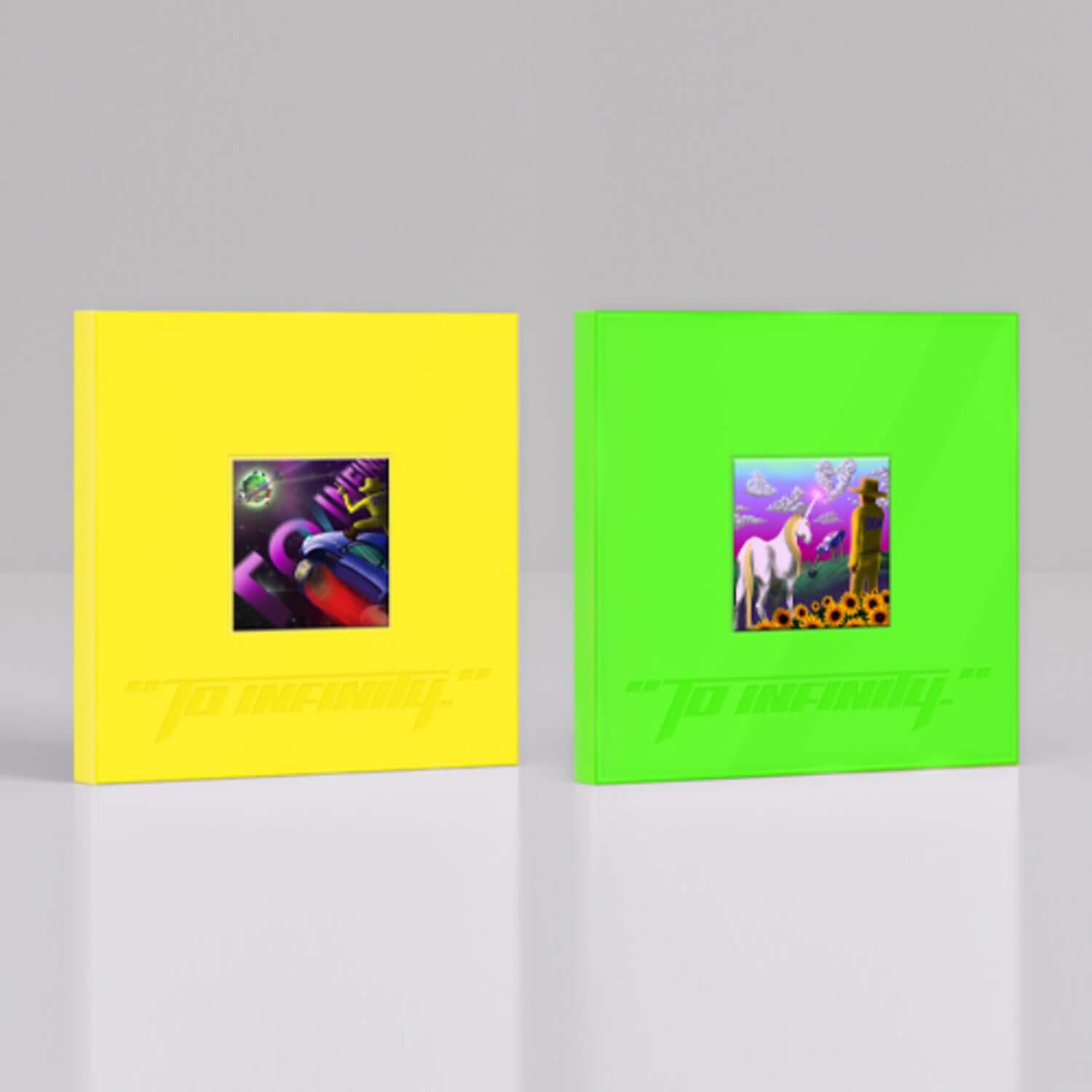 MINO - 3rd FULL ALBUM ["TO INFINITY."] (SET) - Album Kpop, coffret set complet, couleurs jaune et vert sur fond gris.