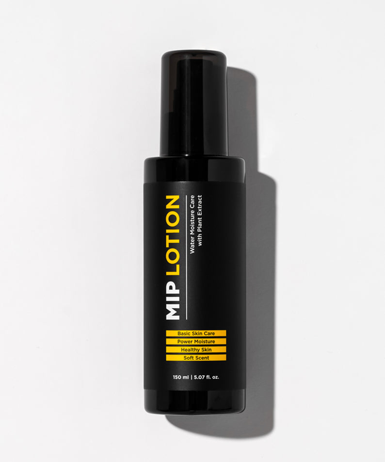 MIP Basic Lotion 150ml, flacon noir sur fond blanc, marque MIP, contexte studio produit.