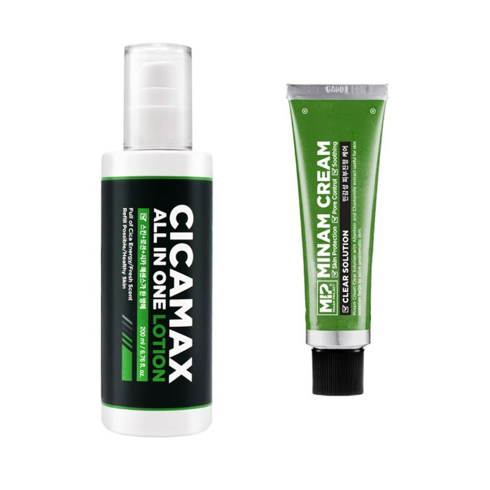 MIP Ciciamax All-in-One Lotion + Minam Cream Clear Solution Set : lotion et crème sur fond blanc, marque MIP Ciciamax.