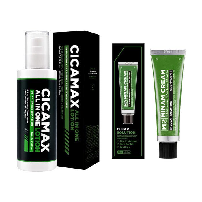 Décris l'image en français en mentionnant le produit, la marque et le contexte visuel : MIP Ciciamax All-in-One Lotion + Minam Cream Clear Solution Set