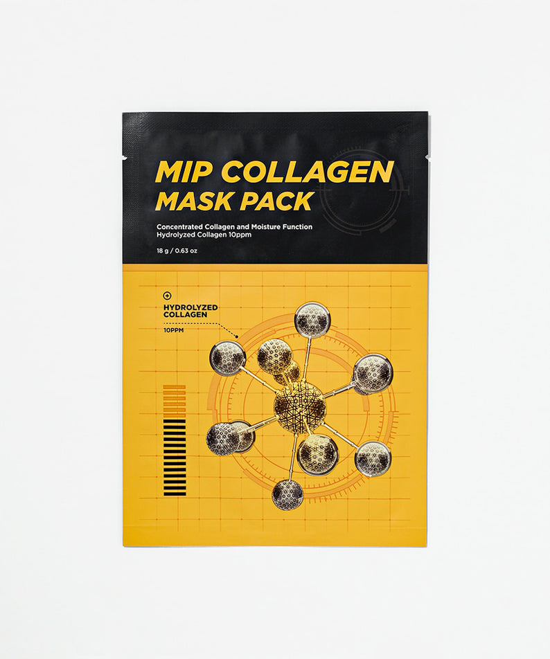 MIP Collagen Mask Pack 20 Sheets de MIP, masque visage au collagène sur emballage noir et jaune, photo produit